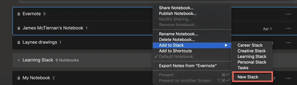 Creating a new notebook stack in Evernote desktop client