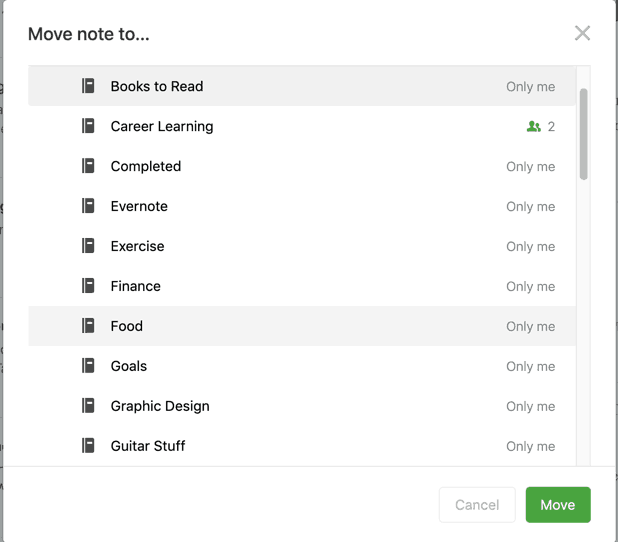 Dialog with list of notebooks to move note to in Evernote web client