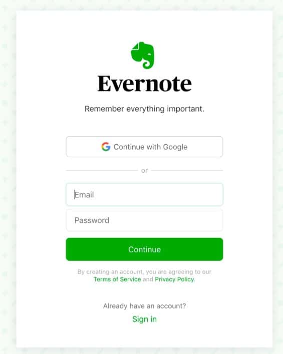 evernote login with google account