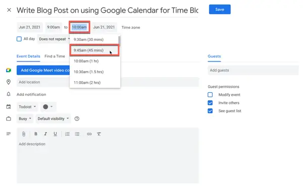 setting the duration of an event in Google Calendar