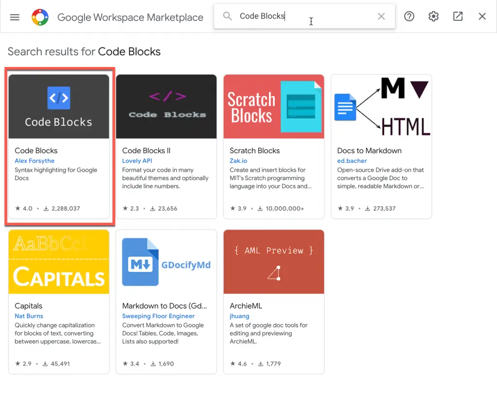 Code Blocks add-on in the Google Workplace Marketplace