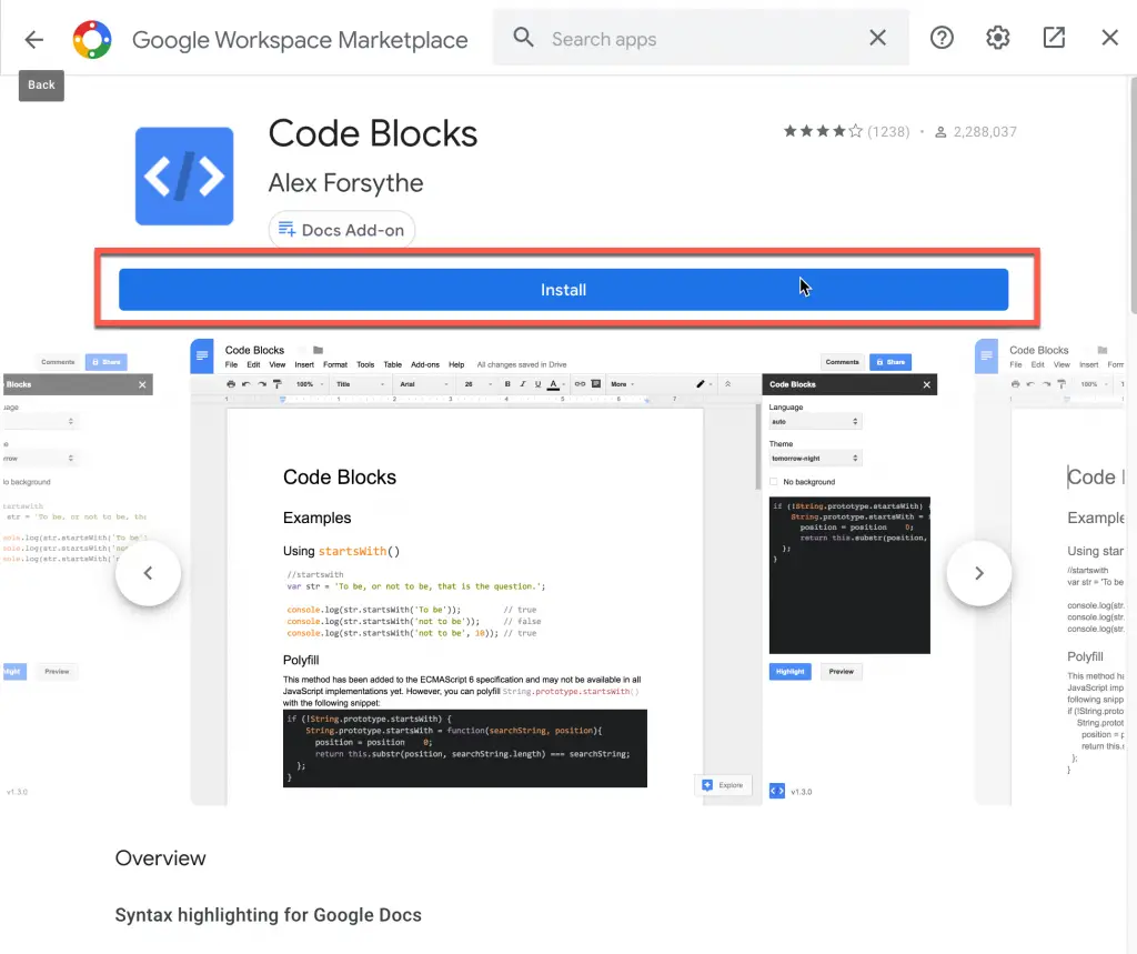 google doc add code block