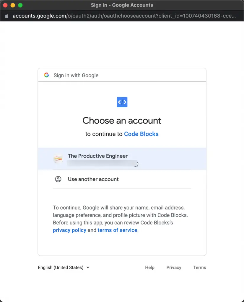 Google Account selection screen