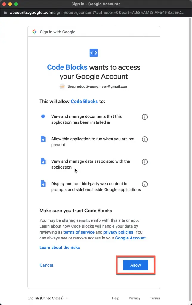 Code Blocks add-on account permissions screen