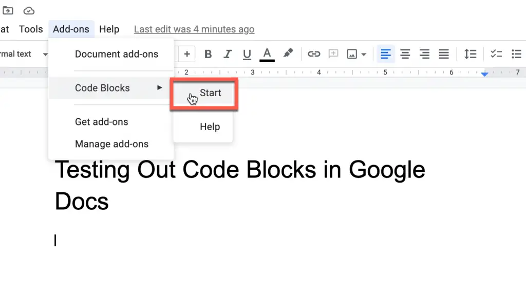 click Start option in Code Blocks add-on in Google Docs