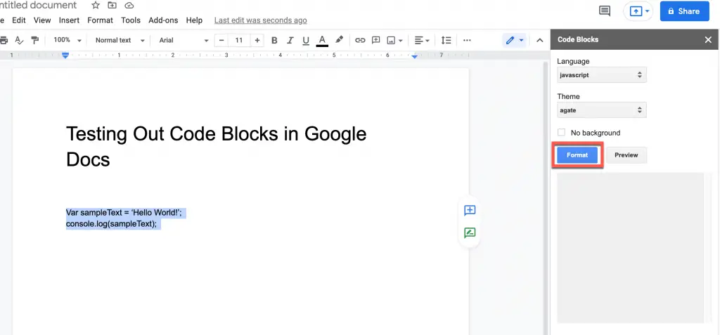 Click Format button to format code in Google Docs