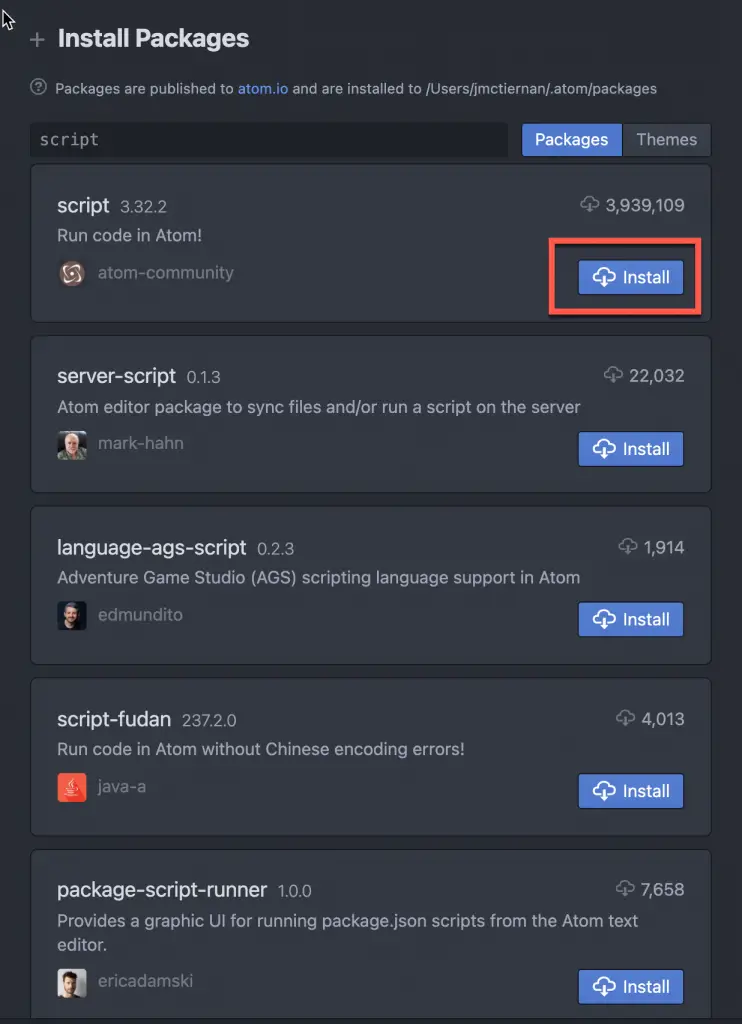 Click 'Install' to start installing the Script package in Atom