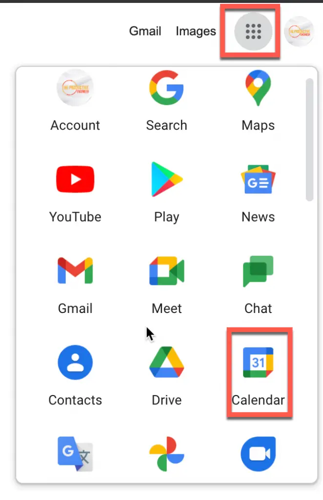 Accessing the Google Apps menu in Google