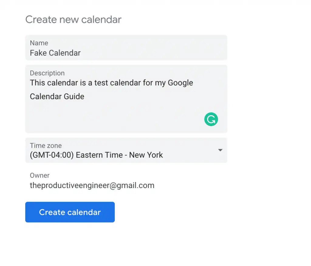 Fill in new Calendar name and description and click the "Create Calendar" button