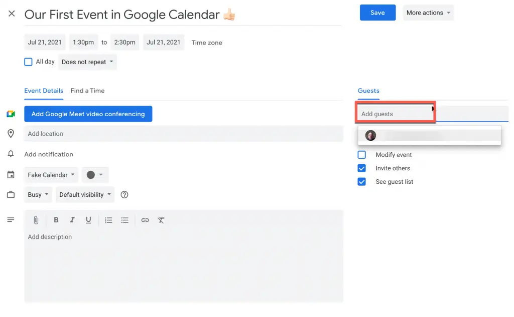 Adding guests to a Google Calendar event