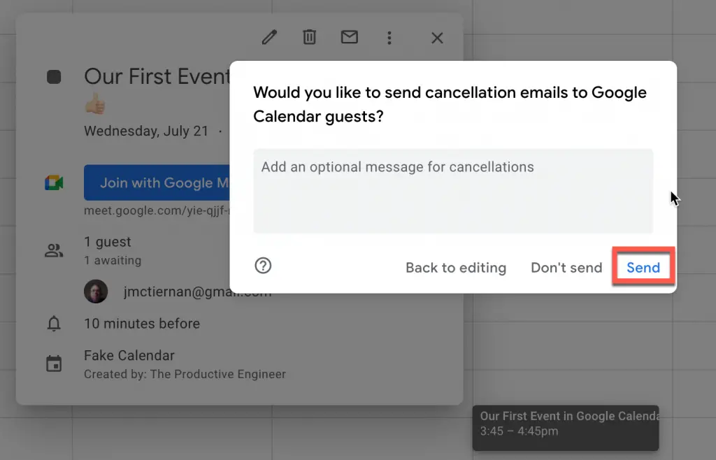 Click send to send cancellation email to guests in Google Calendar