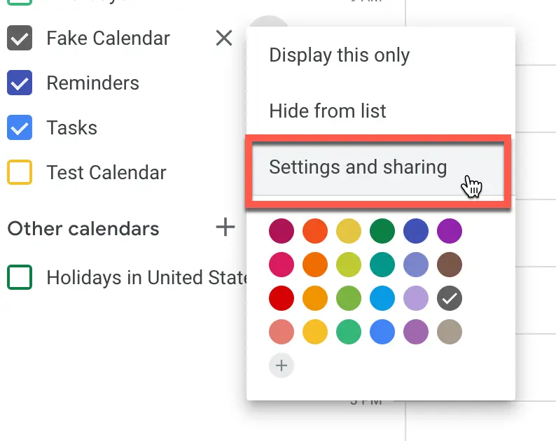 Click "Settings and sharing" to open the calendar settings in Google Calendar