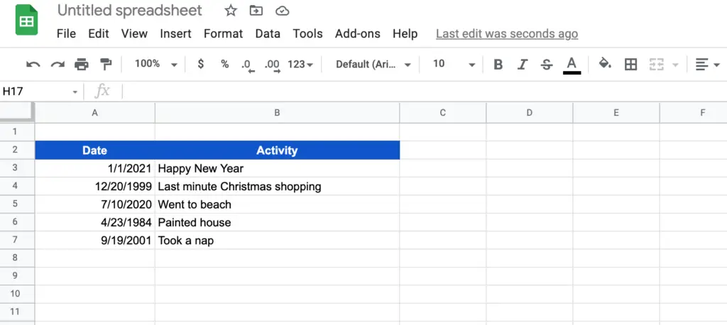 A spreadsheet in Google Sheets