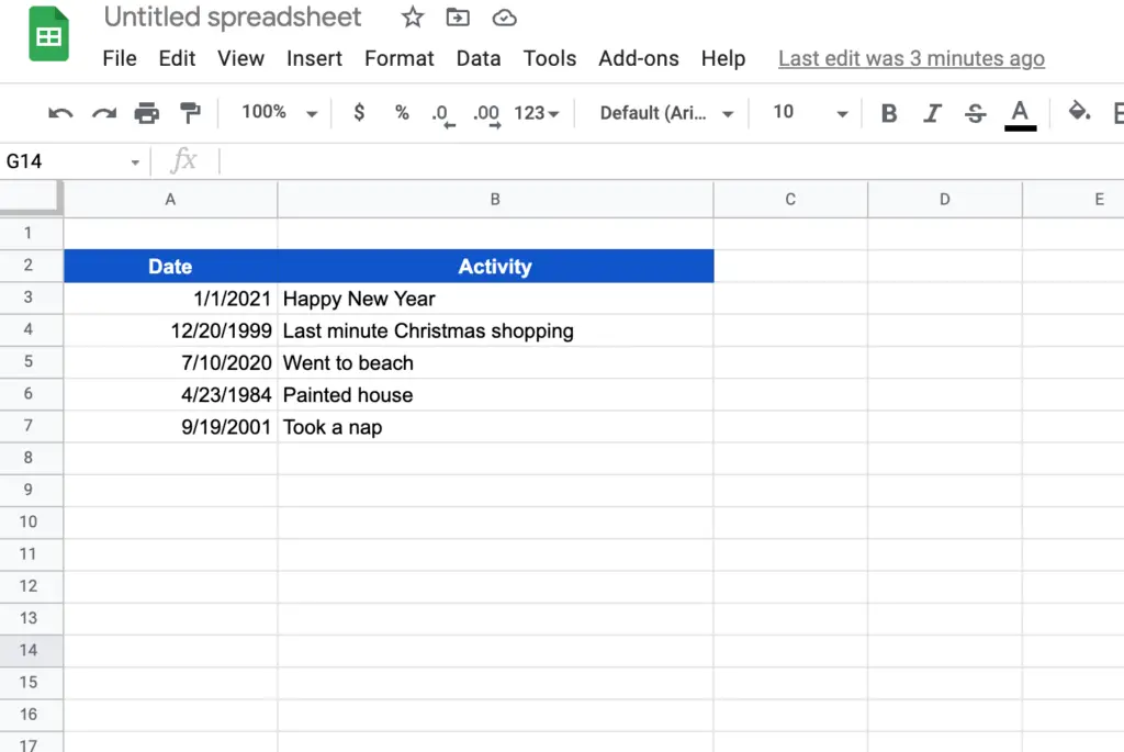 Spreadsheet containing dates in Google Sheets