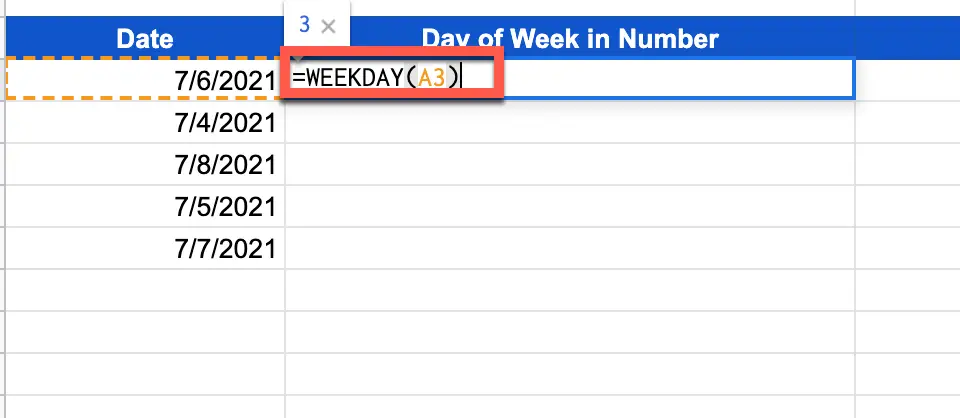 Using the WEEKDAY function in Google Sheets