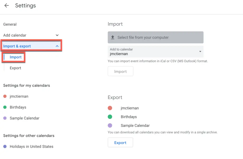 Import & Export Screen in Google Calendar