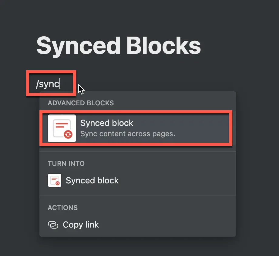 Adding a synced block in Notion