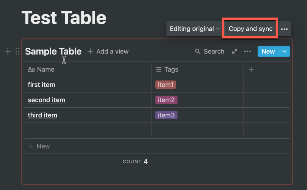 A table in a synced block in Notion