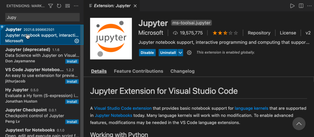 Jupyter extension for VS Code