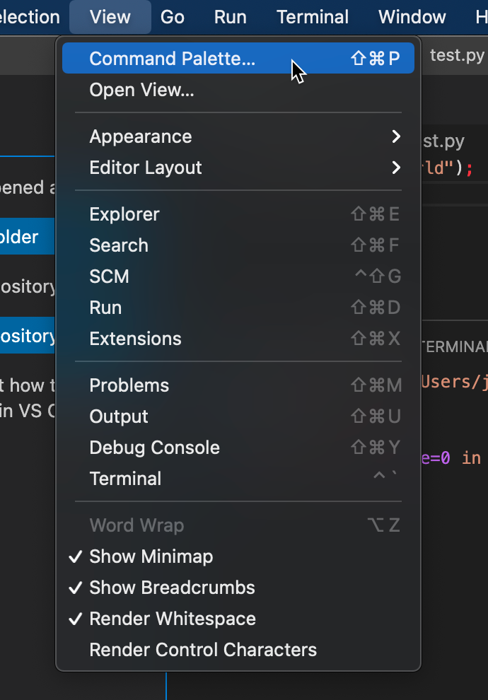 Opening the Command Palette in VS Code