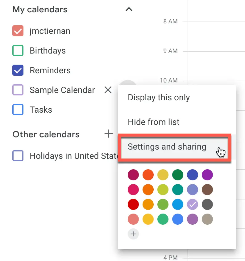 the Settings and sharing option for a specific calendar in Google Calendar
