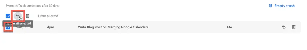 events in trash in Google Calendar