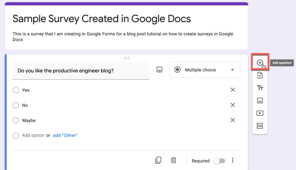 Add question to survey button in Google Forms
