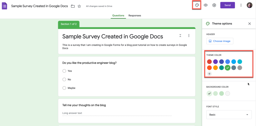 Customizing the colors and theme of the survey in Google Forms