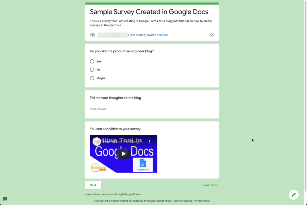 Page 1 of survey in Google Forms