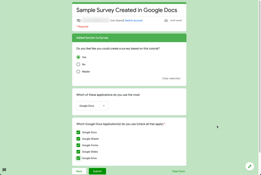 Second section of form in Google Forms