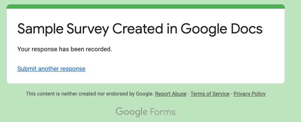 Submitted survey in Google Forms