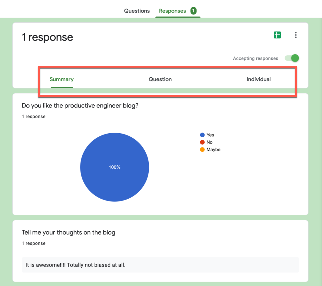 Summary view of responses in Google forms