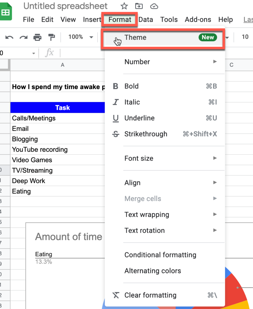 Accessing the Theme option in Google Sheets