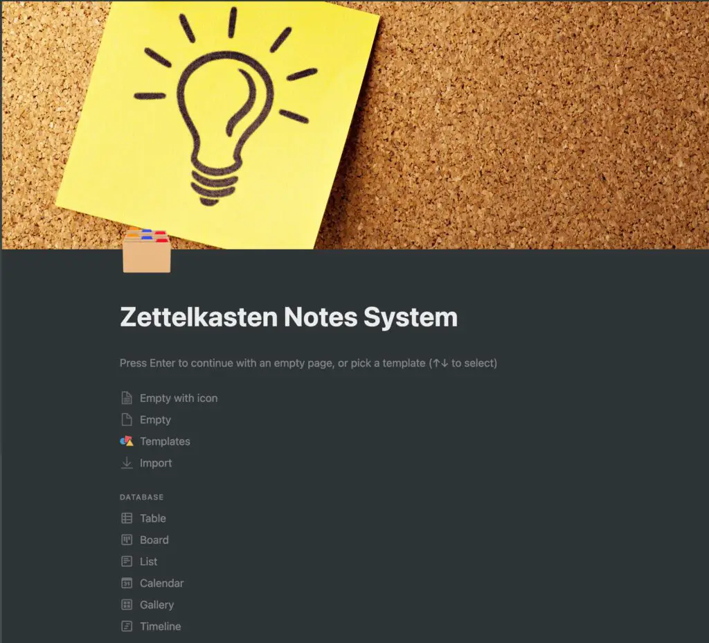 a new page in Notion to hold our Zettelkasten system