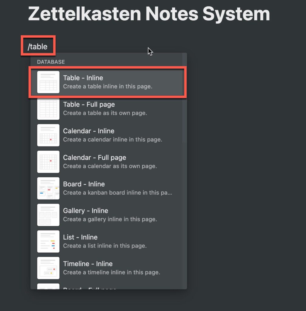 Creating a table in Notion to hold notes