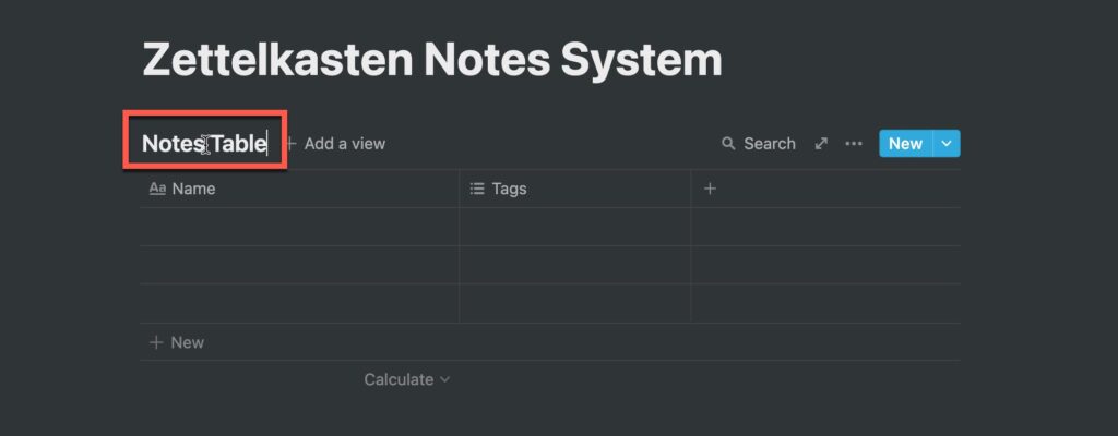 Changing title of Notes Table in Notion