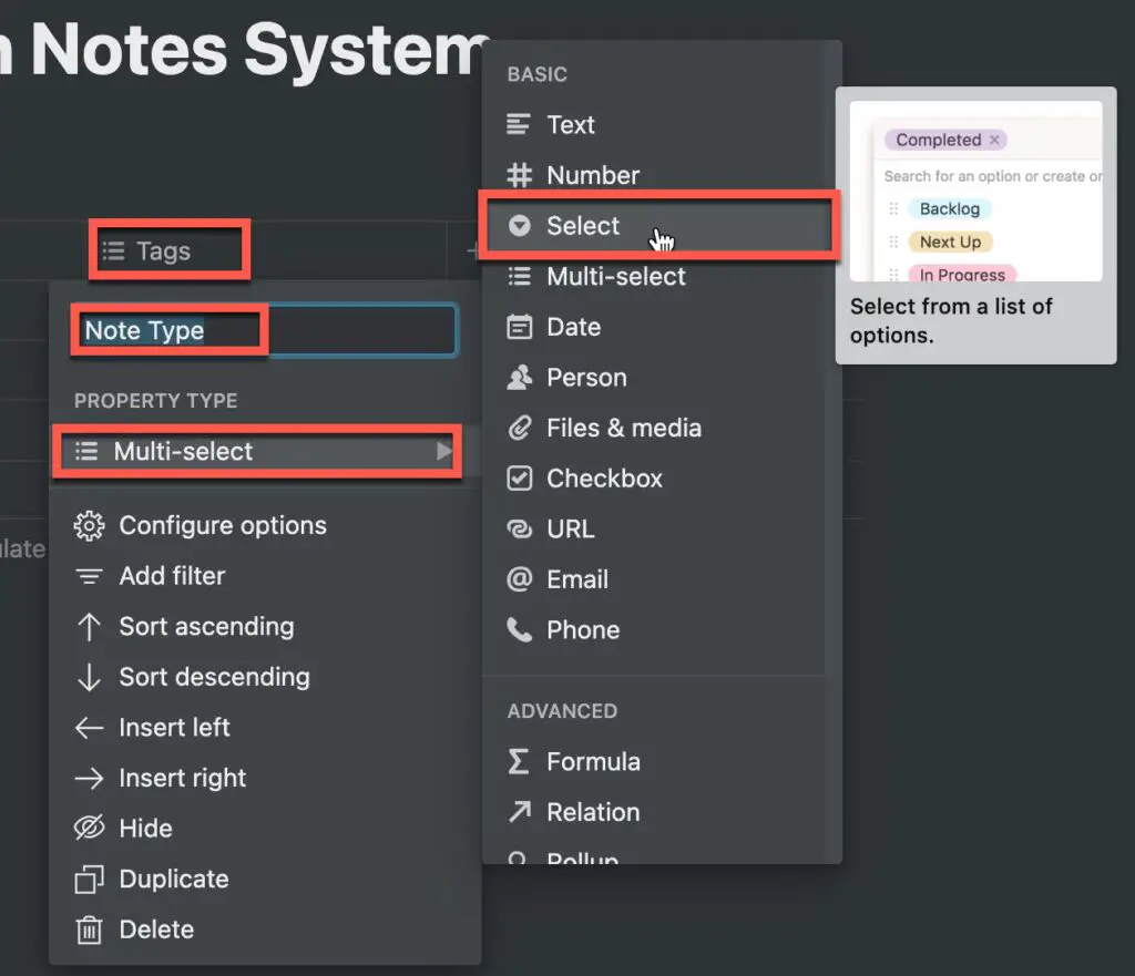 Converting a Tags Multi-select Column to a Note Type Select Column in Notion
