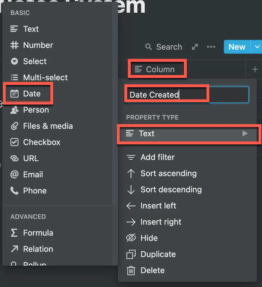 Creating a date column in Notion