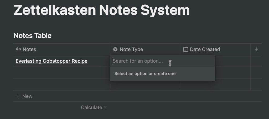 Adding first note to note table in Notion