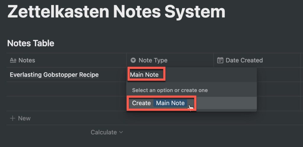 Creating the Main Note note type in Notion table