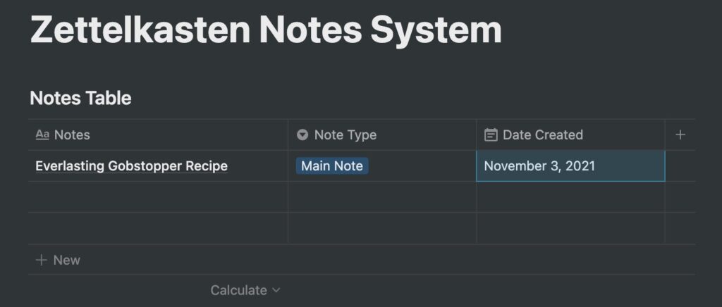 A note in Notes Table in Notion