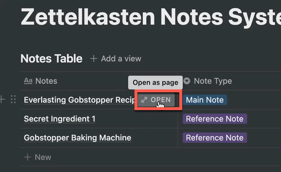Opening a page in a table in Notion