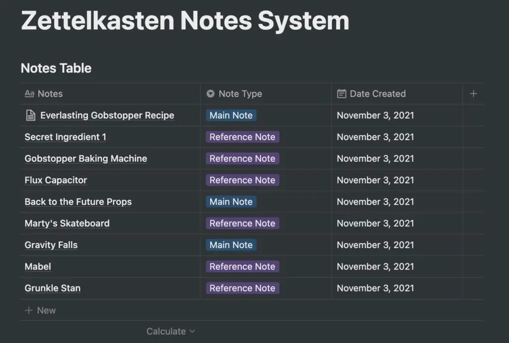 Fully populated Notes Table in Notion