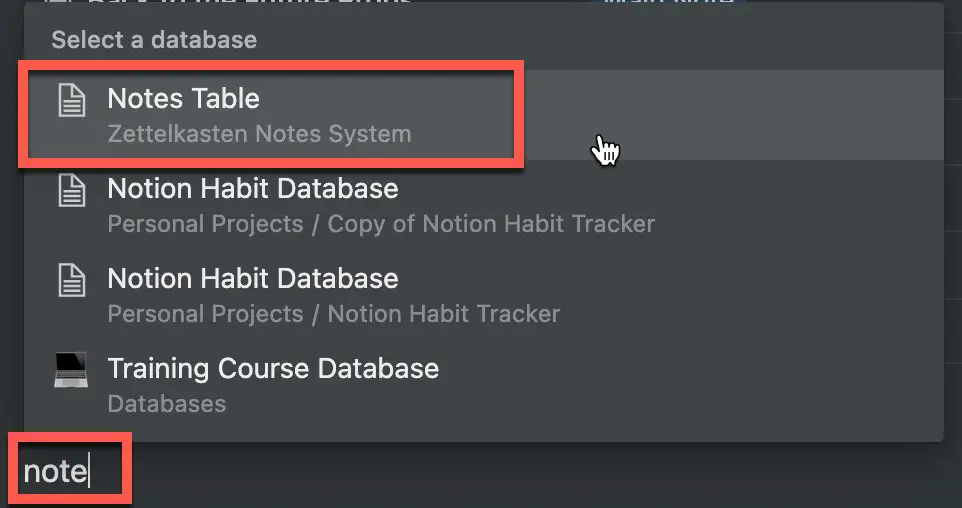 Selecting the Notes Table as source for linked database in Notion