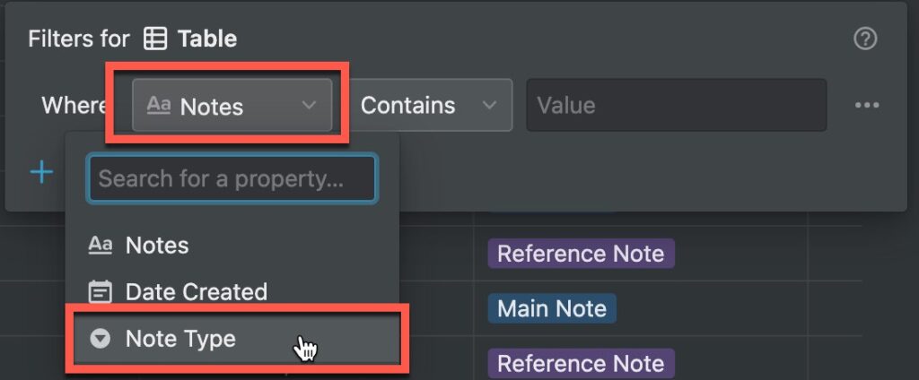Configuring the filter criteria in Notion