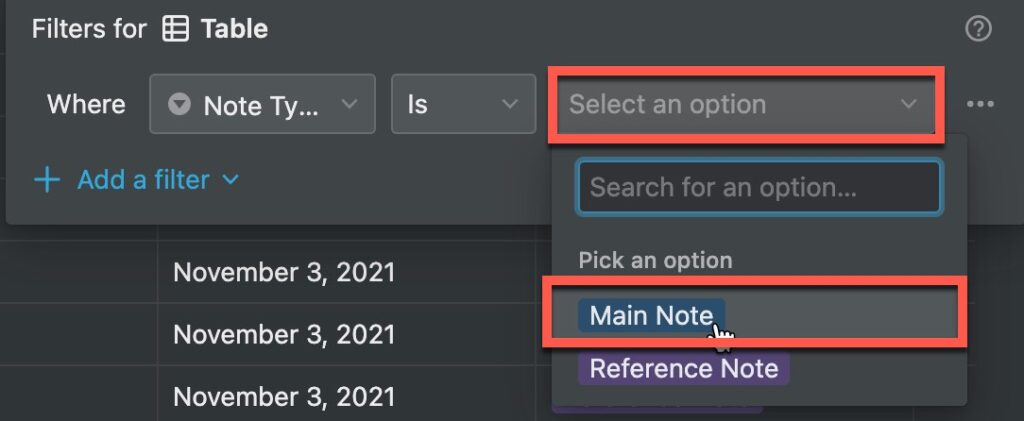 Selecting the filter criteria for main notes in Notion