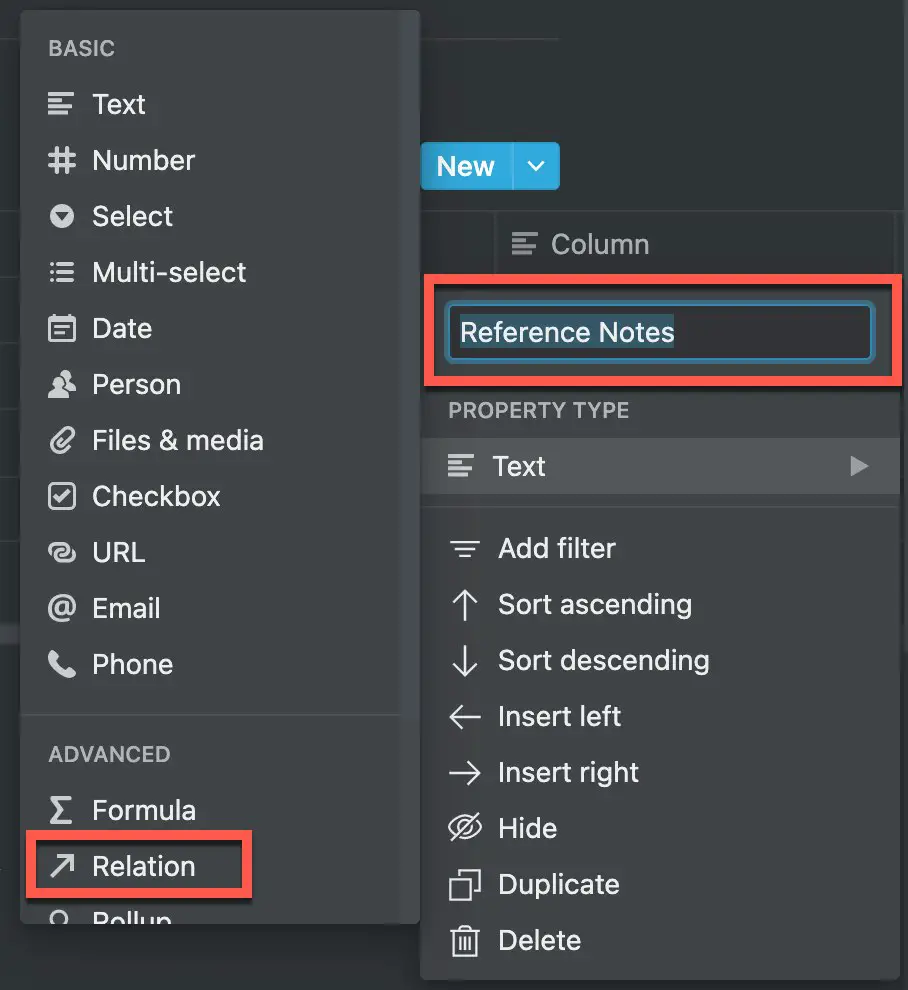Adding a relation to a table in Notion