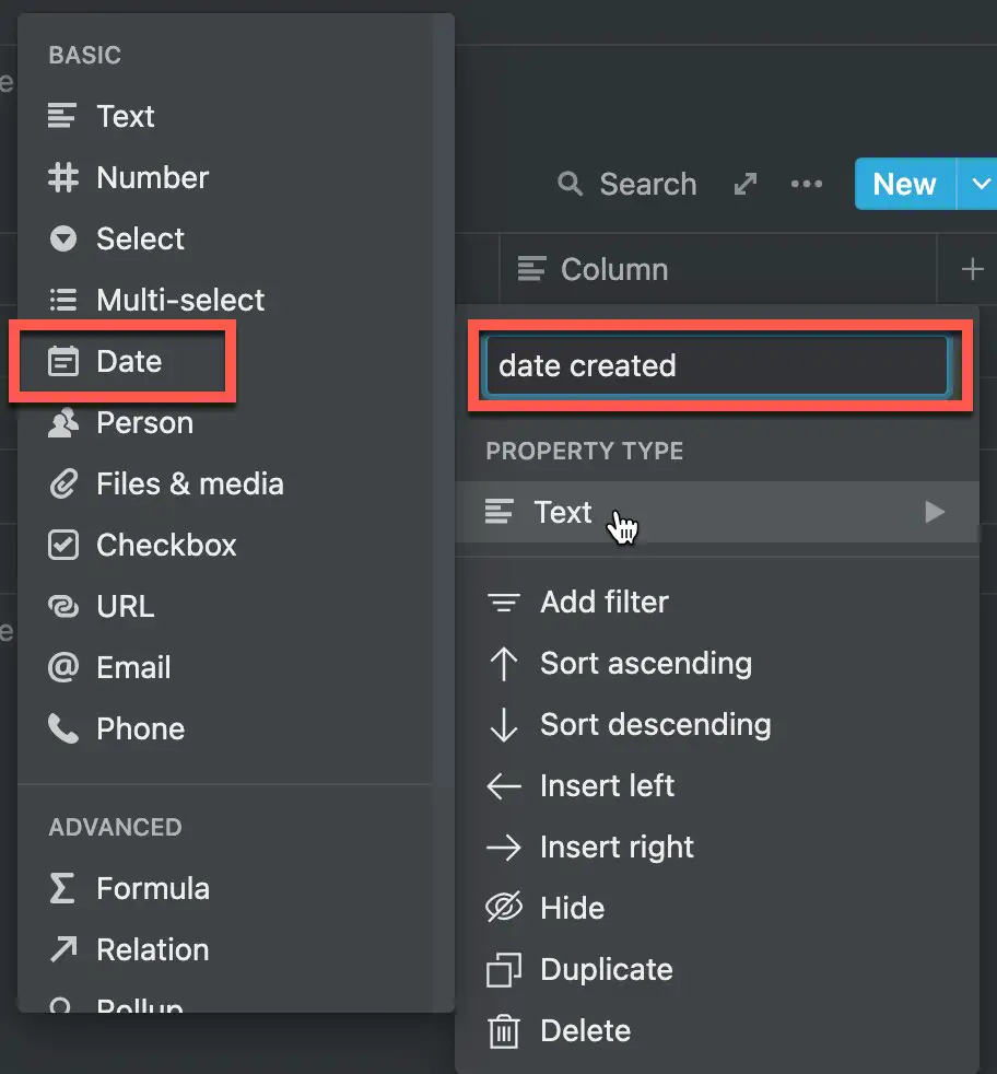 Creating a Date Created Column in Notion