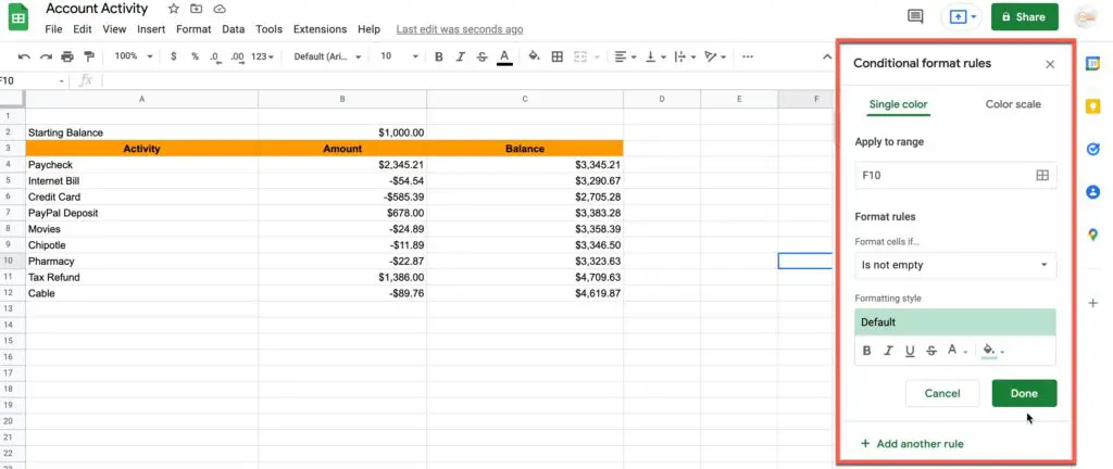 Conditional format rules in Google Sheets