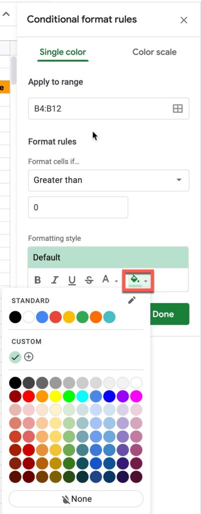 setting the fill color in the conditional formatting menu in Google Sheets